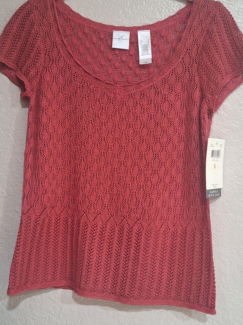 Emma James Rust Red Crochet Short Sleeve Sweater Top